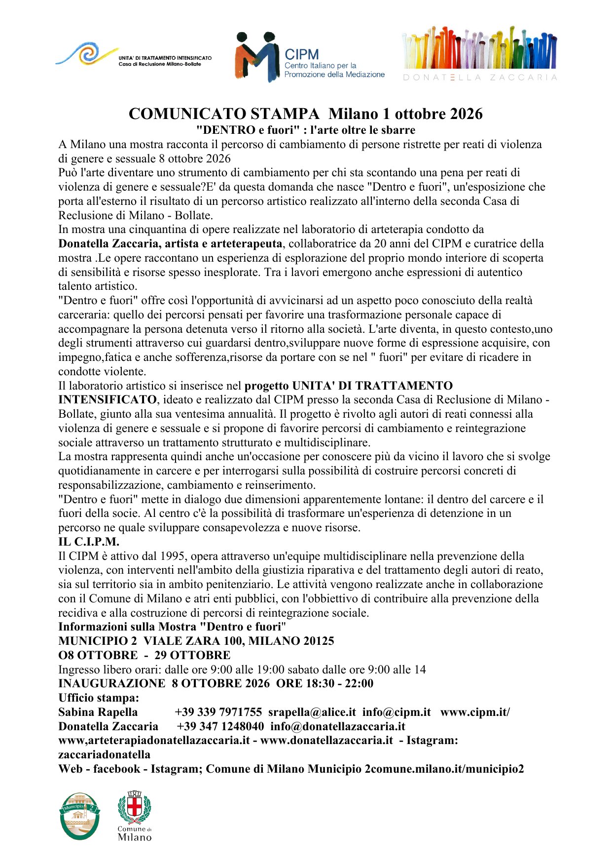 Comunicato stampa mostra Dentro e fuori, 8 - 29 ottobre 2026, V.le Zara 100, Milano